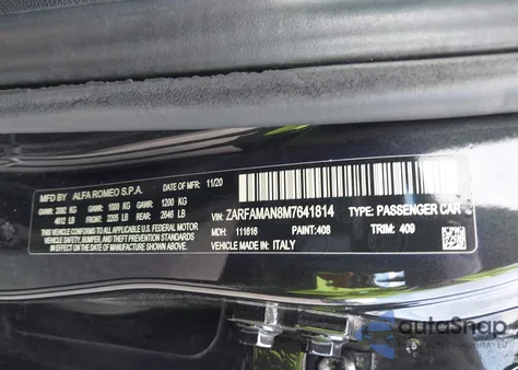 2021 Alfa Romeo Giulia Rwd from USA, damaged, VIN ZARFAMAN8M7641814